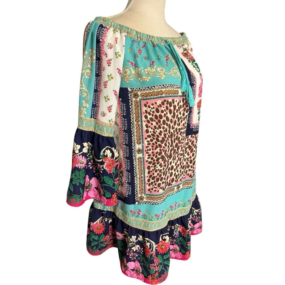 Umgee Off the Shoulder Dress S  Boho Bell Sleeve Floral Animal Tassel Ruffle Hem - Picture 5 of 9